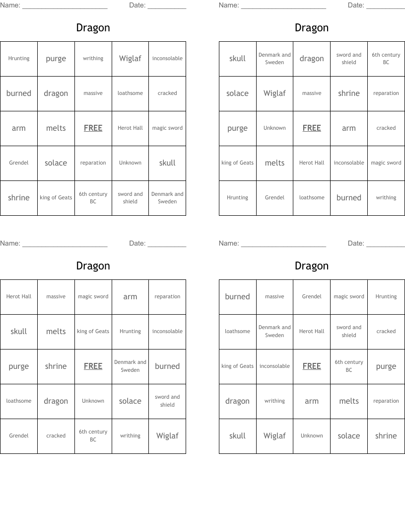 Dragon Bingo Cards