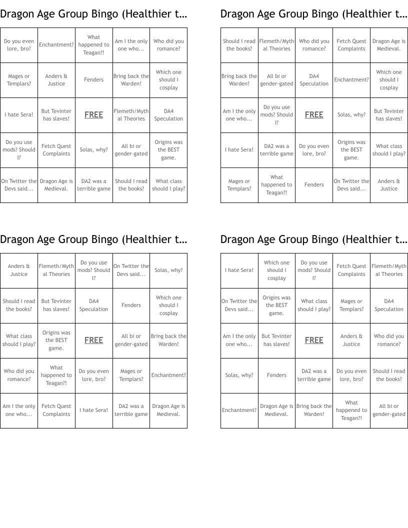 Dragon Age Group Bingo (Healthier than a Drinking Game)