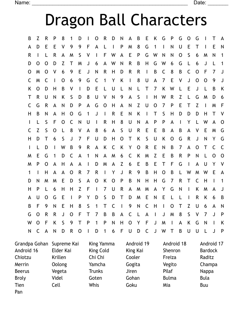 Dragon Ball Characters Word Search