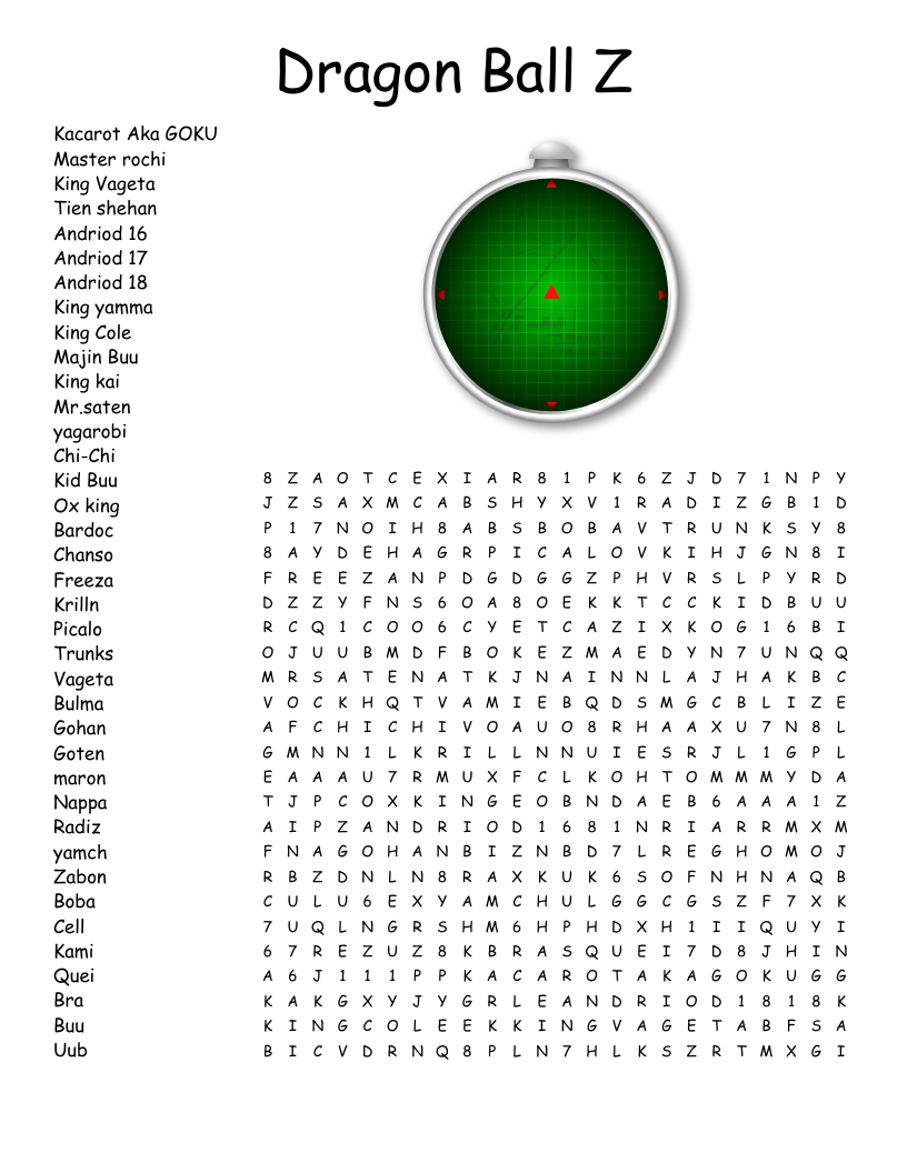 Dragon Ball Z Word Search