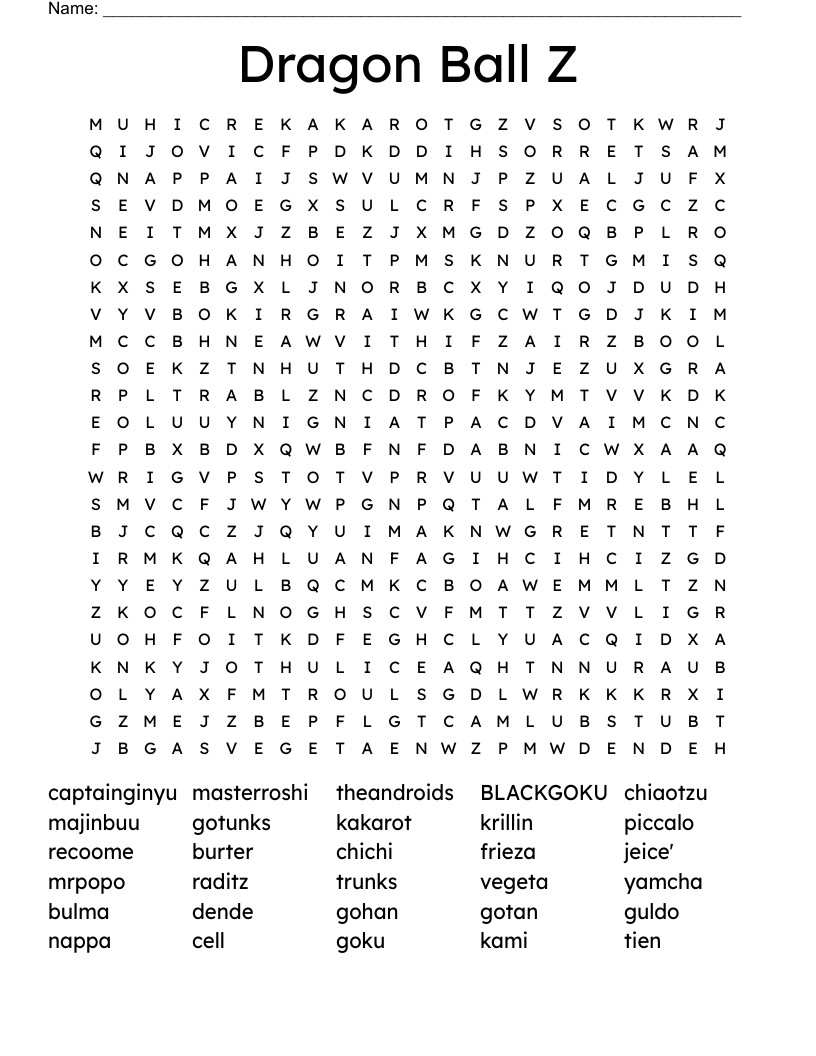 Dragon Ball Z Word Search