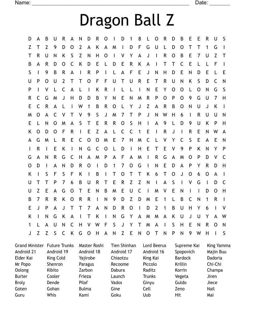 Dragon Ball Z Word Search