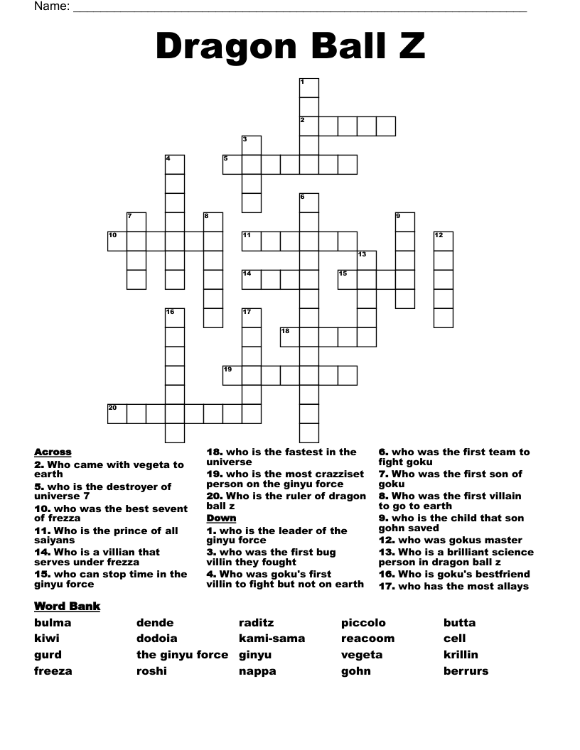 Dragon Ball Z Crossword