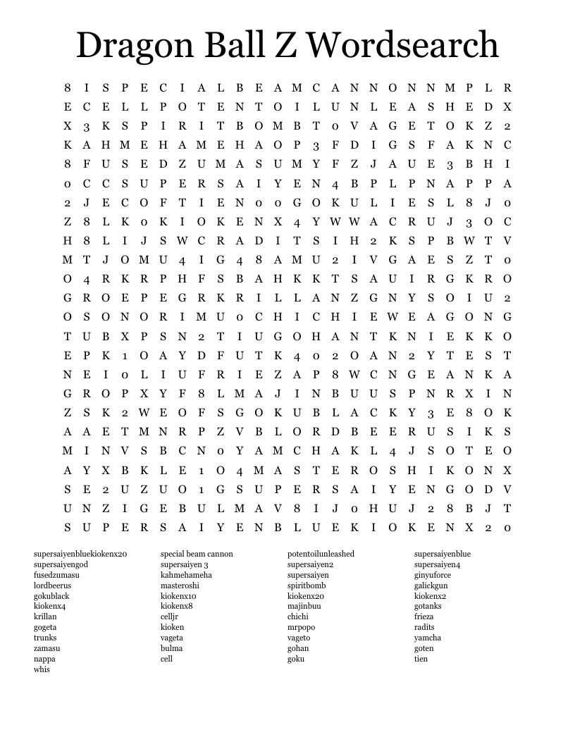 Dragon Ball Z Wordsearch
