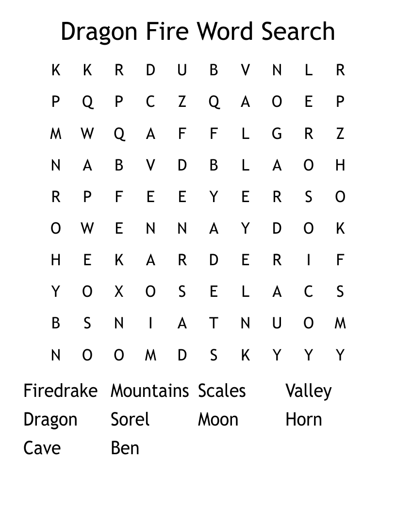 Dragon Fire Word Search