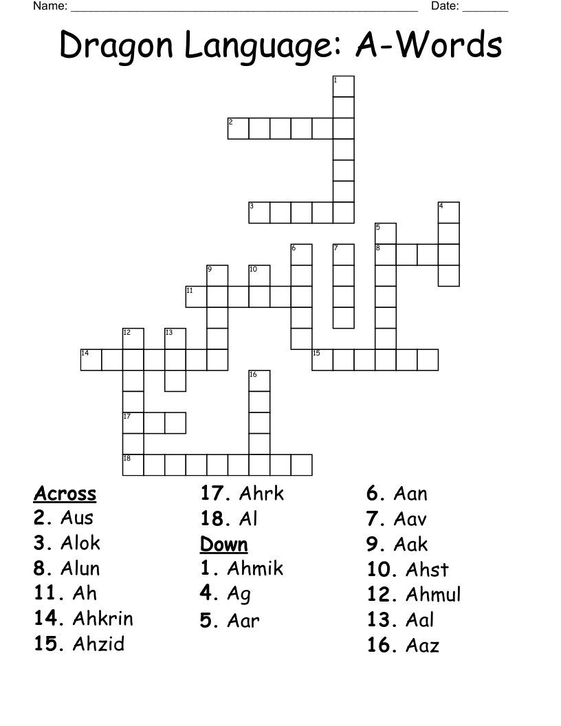 Dragon Language: A-Words Crossword