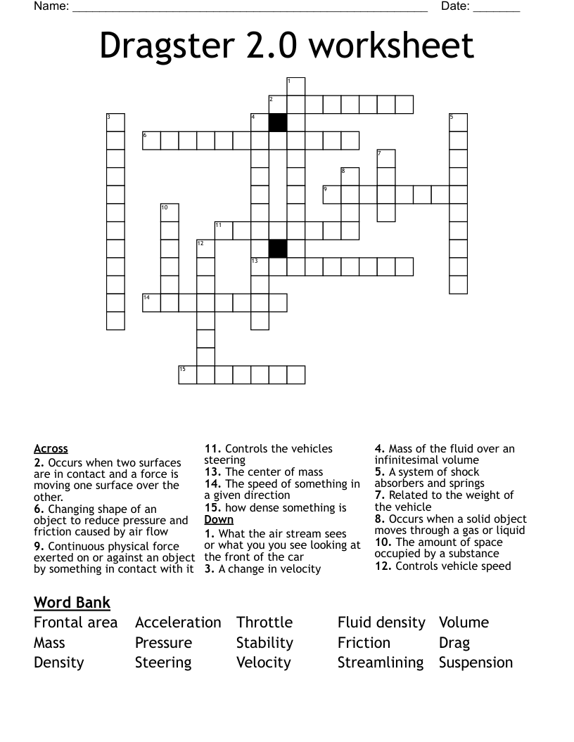 Dragster 2.0 worksheet Crossword