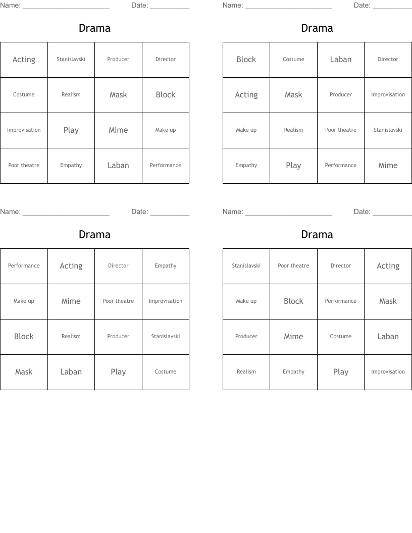 Drama Bingo Cards