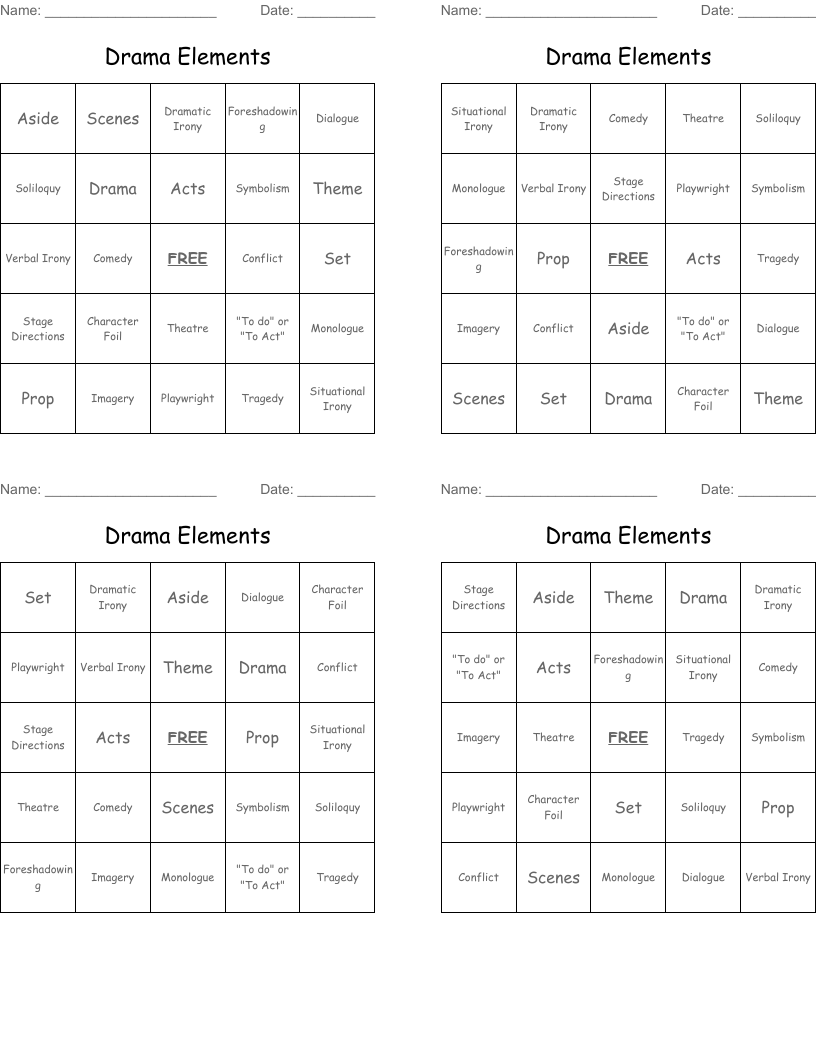 Drama Elements  Bingo Cards