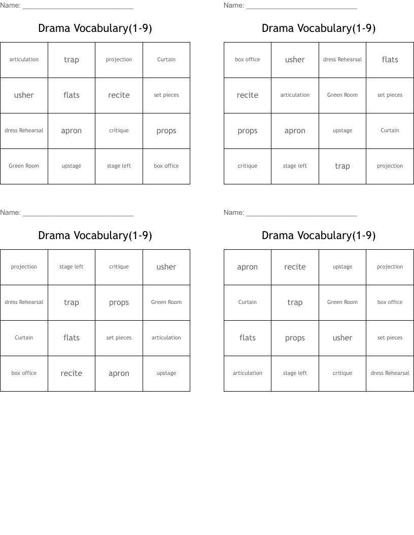 Drama Vocabulary(1-9) Bingo Cards