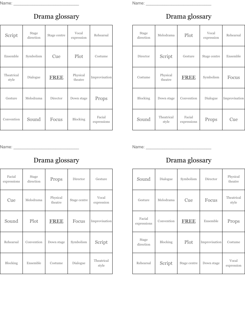 Drama glossary Bingo Cards