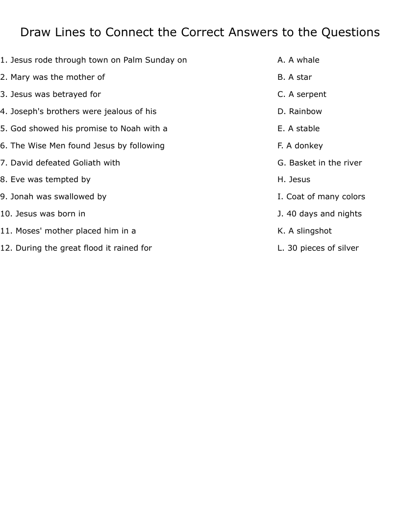 Draw Lines to Connect the Correct Answers to the Questions Worksheet
