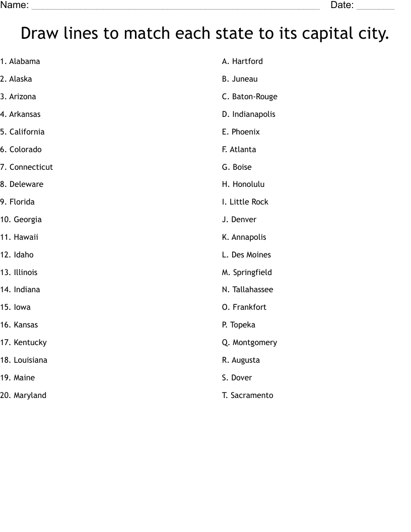 Draw lines to match each state to its capital city. Worksheet