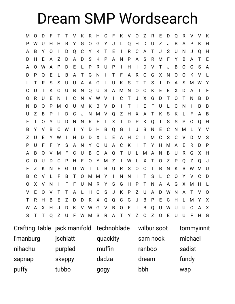 Dream SMP Wordsearch