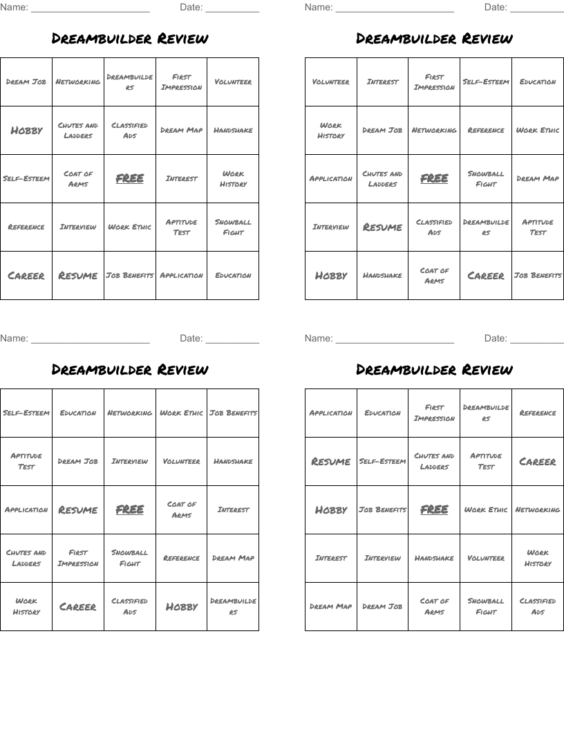 Dreambuilder Review Bingo Cards