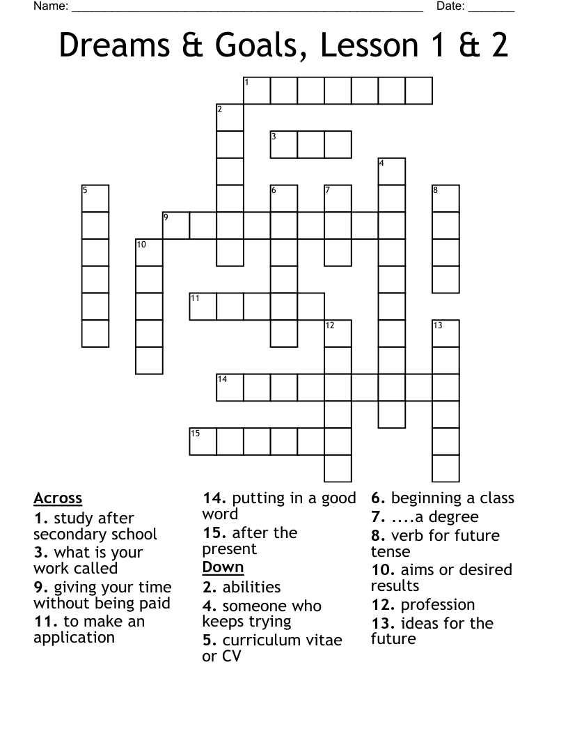 Dreams & Goals, Lesson 1 & 2 Crossword