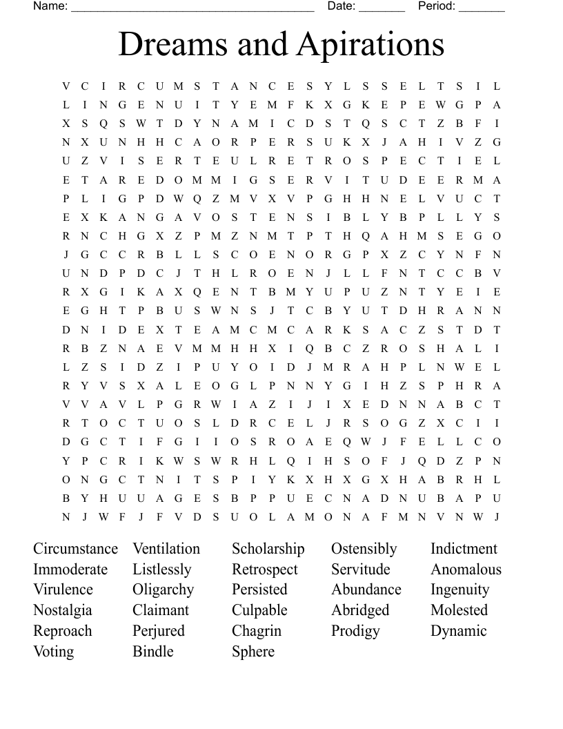 Dreams and Apirations  Word Search
