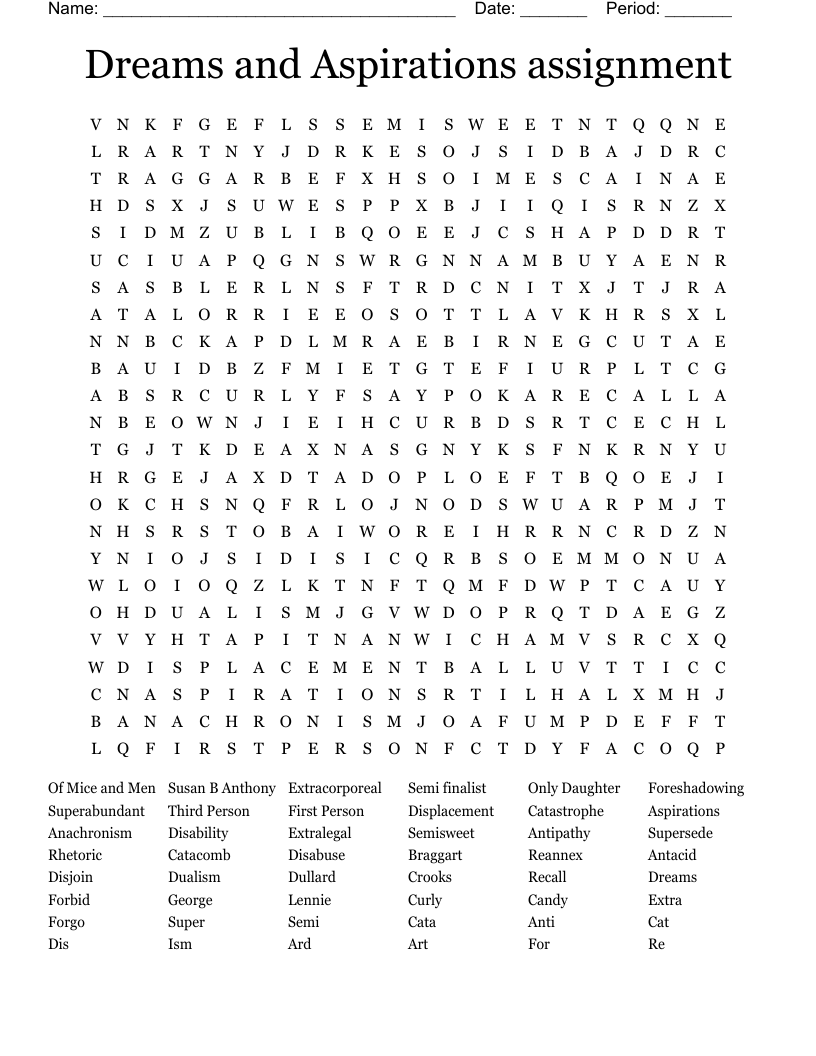 Dreams and Aspirations assignment Word Search