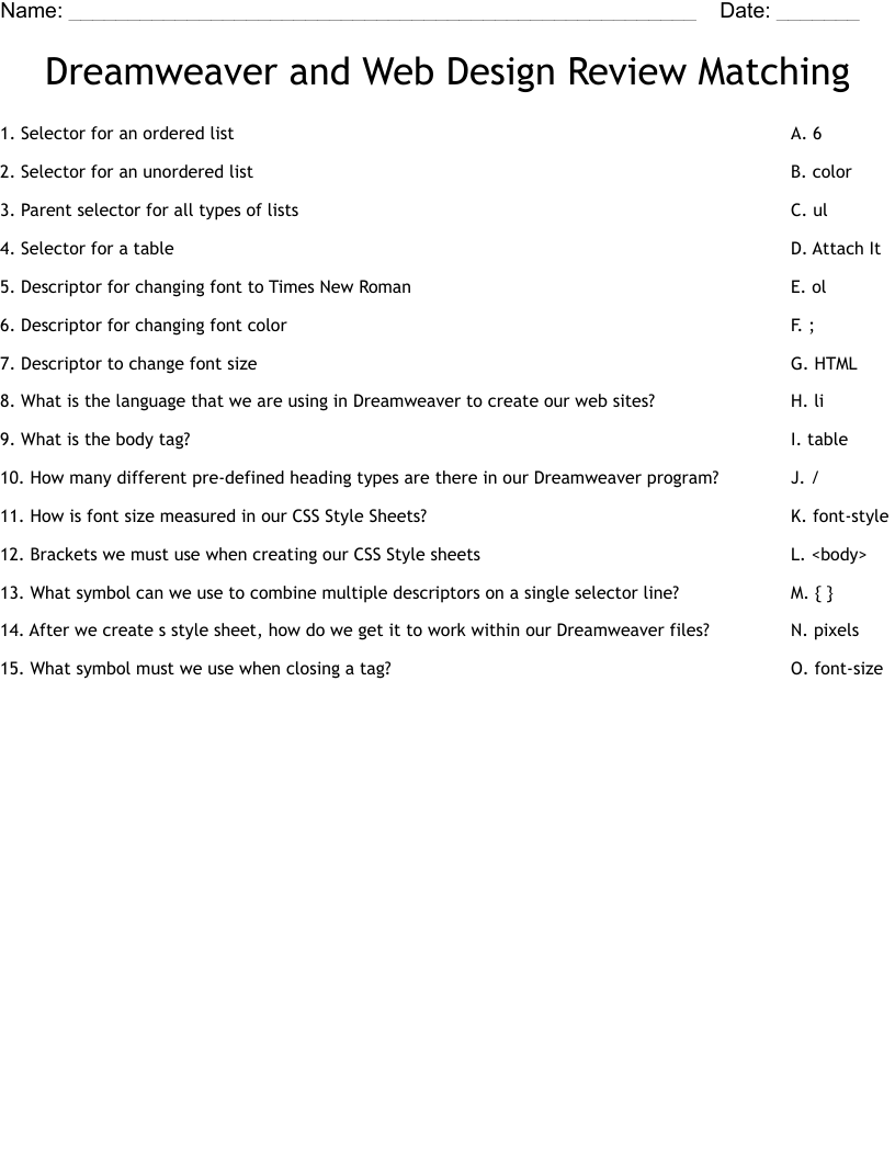 Dreamweaver and Web Design Review Matching Worksheet