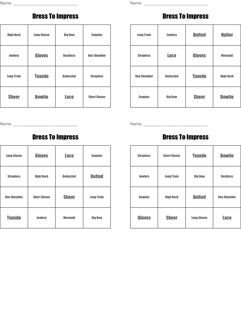 Dress To Impress Bingo Cards