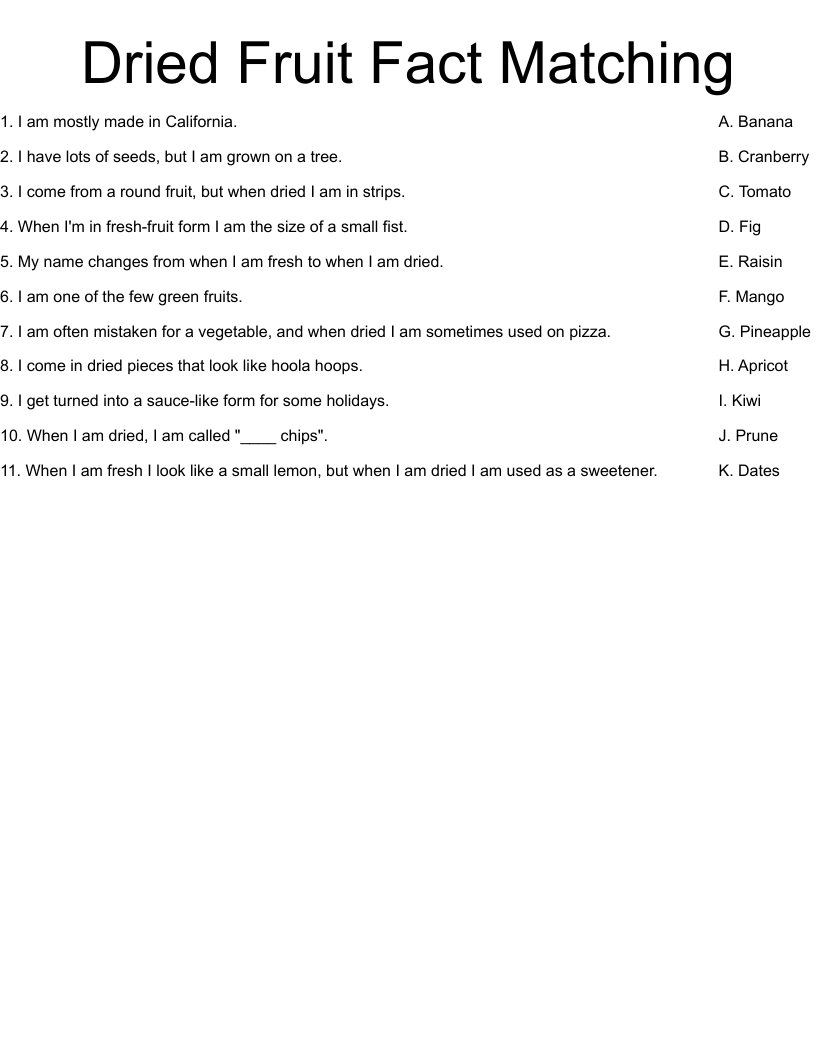 Dried Fruit Fact Matching Worksheet