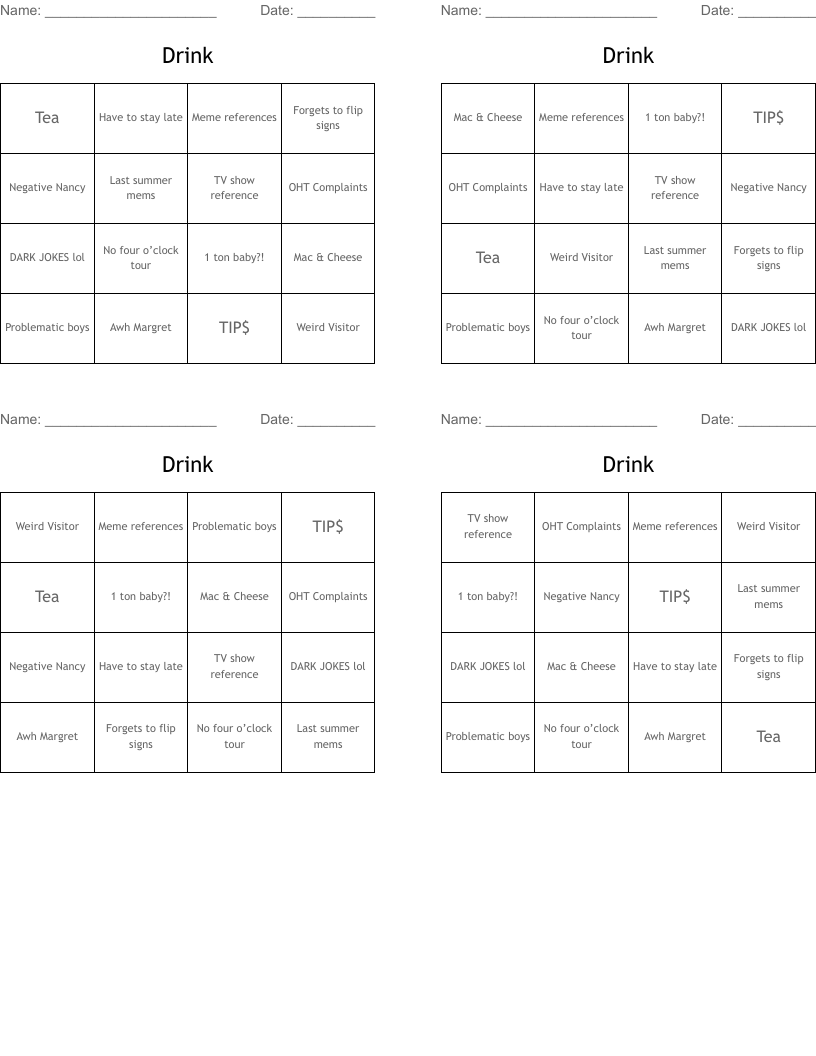 Drink Bingo Cards