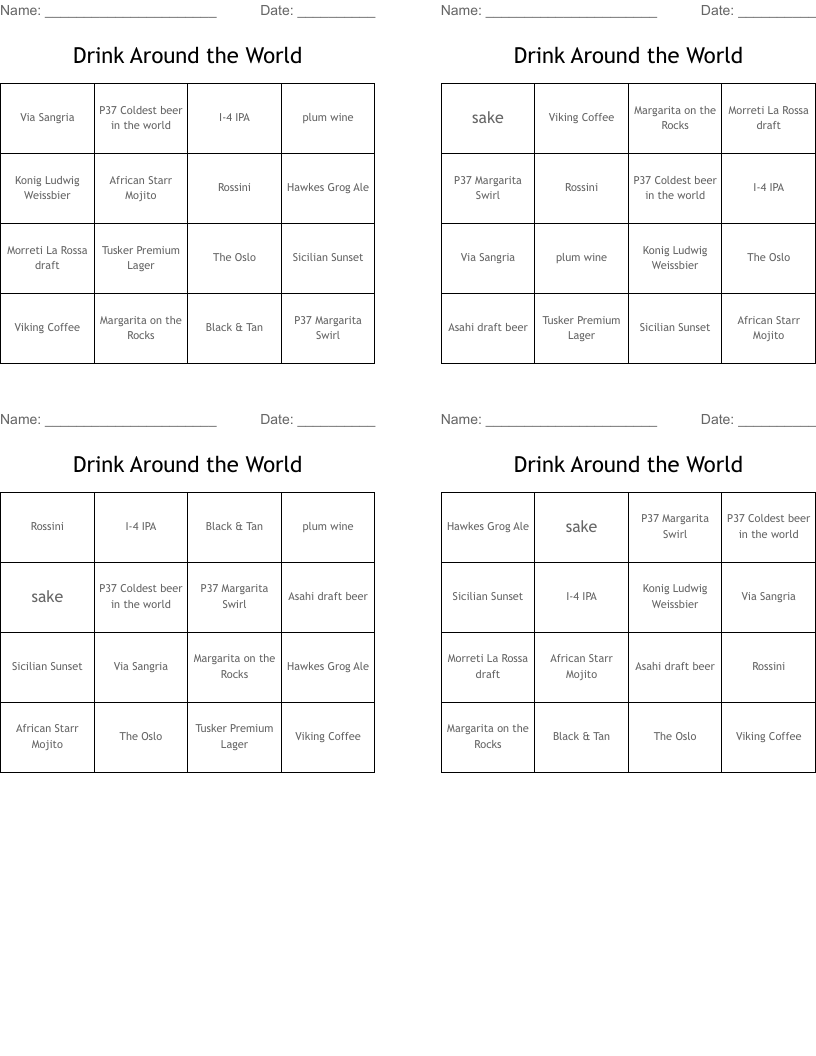 Drink Around the World Bingo Cards