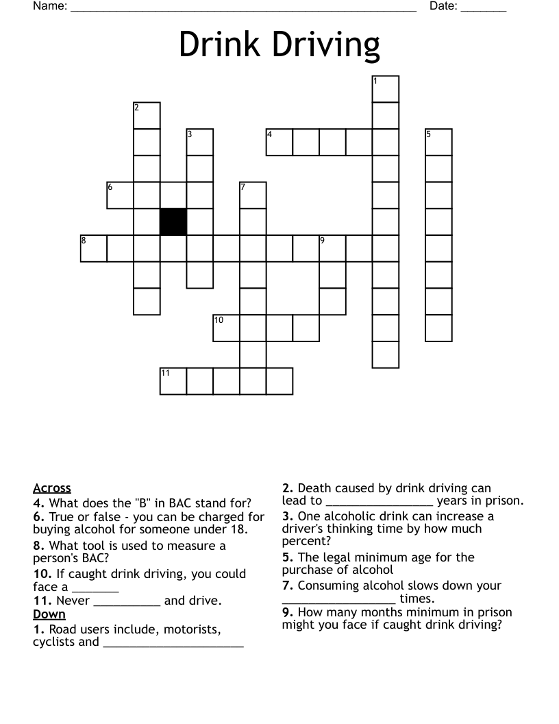 Drink Driving Crossword