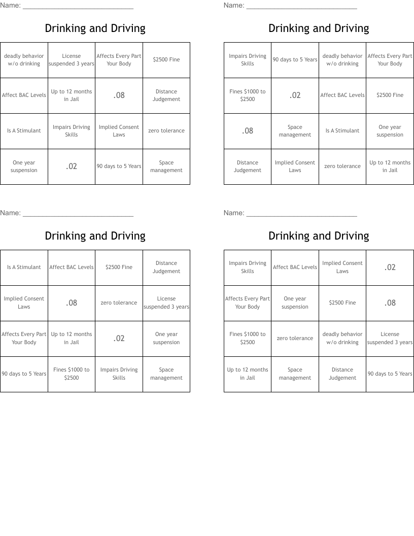 Drinking and Driving Bingo Cards