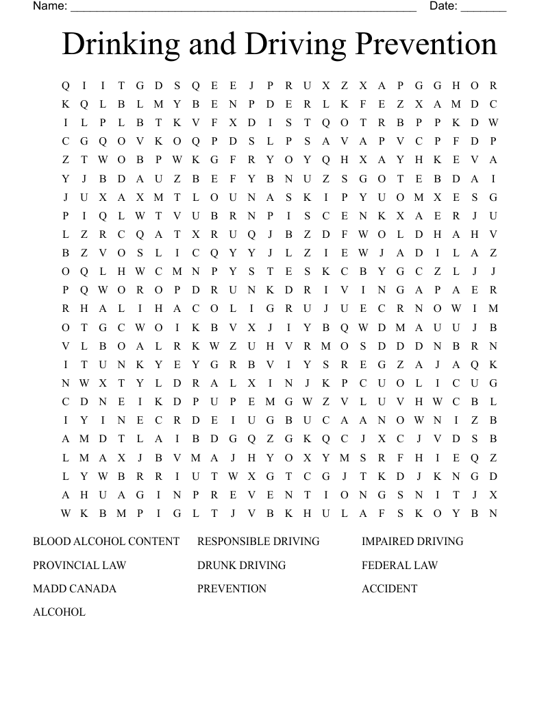 Drinking and Driving Prevention  Word Search