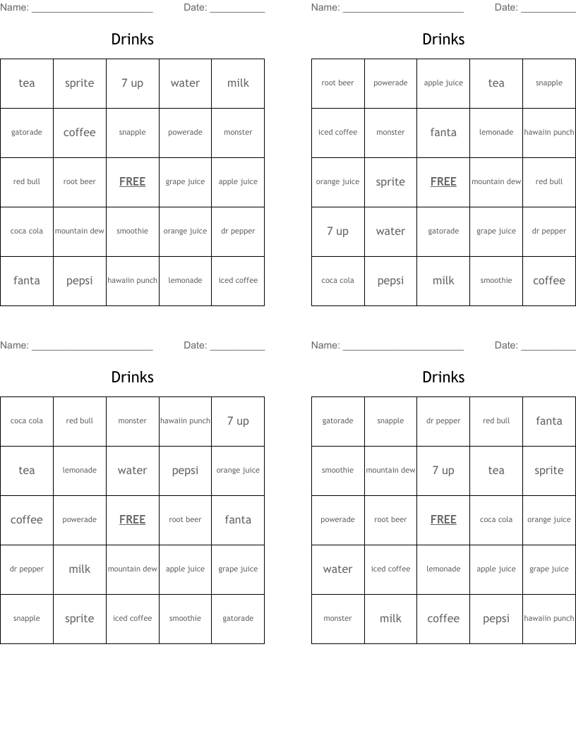 Drinks Bingo Cards