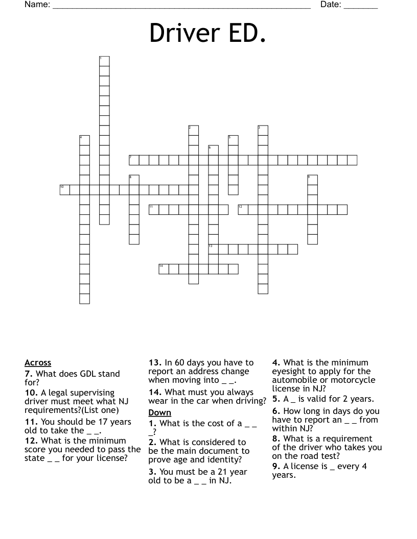Driver ED. Crossword