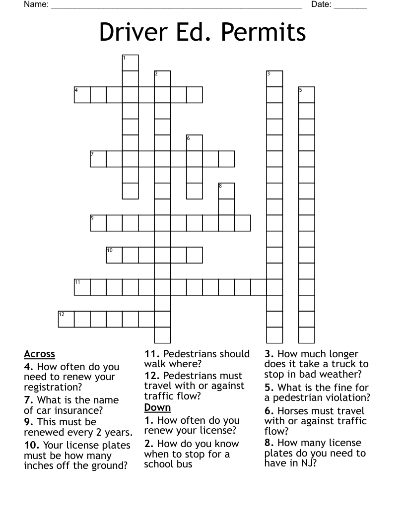 Driver Ed. Permits Crossword