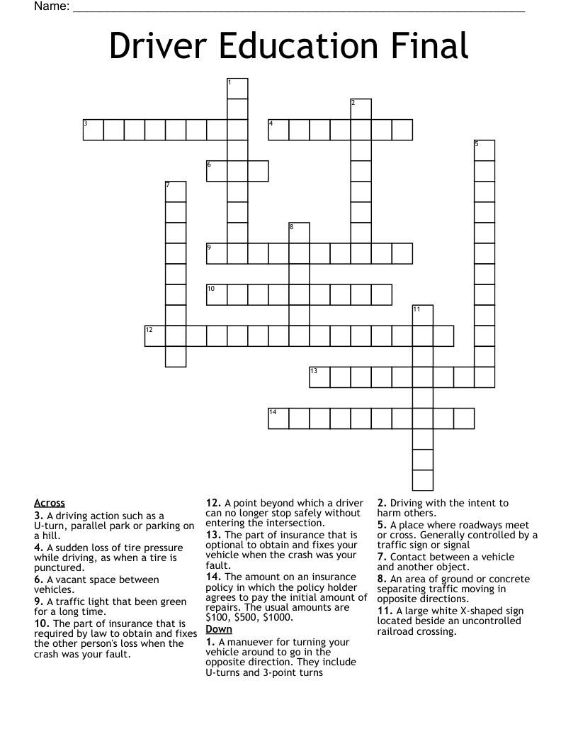 Driver Education Final Crossword