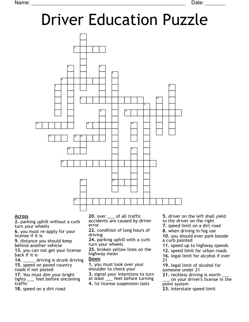 Driver Education Puzzle Crossword