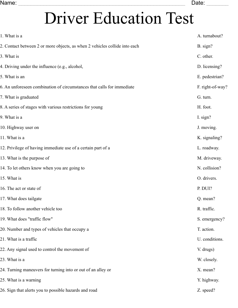 Driver Education Test Worksheet