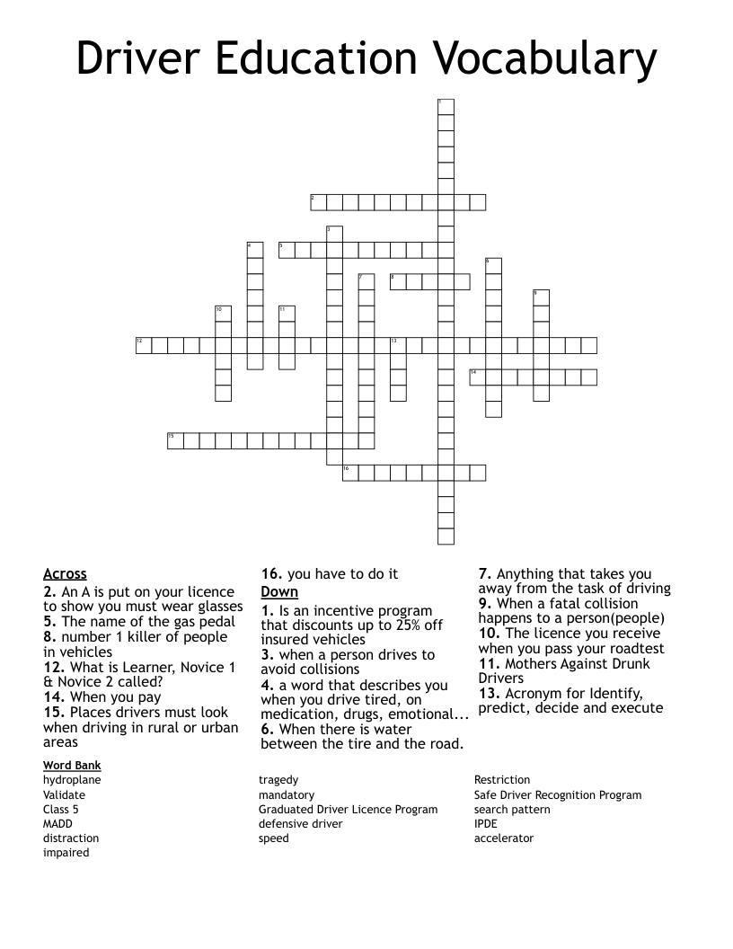 Driver Education Vocabulary Crossword
