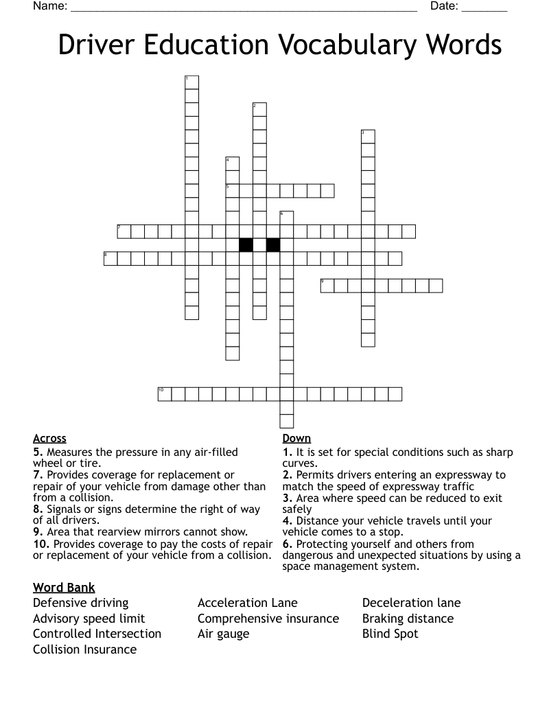 Driver Education Vocabulary Words Crossword