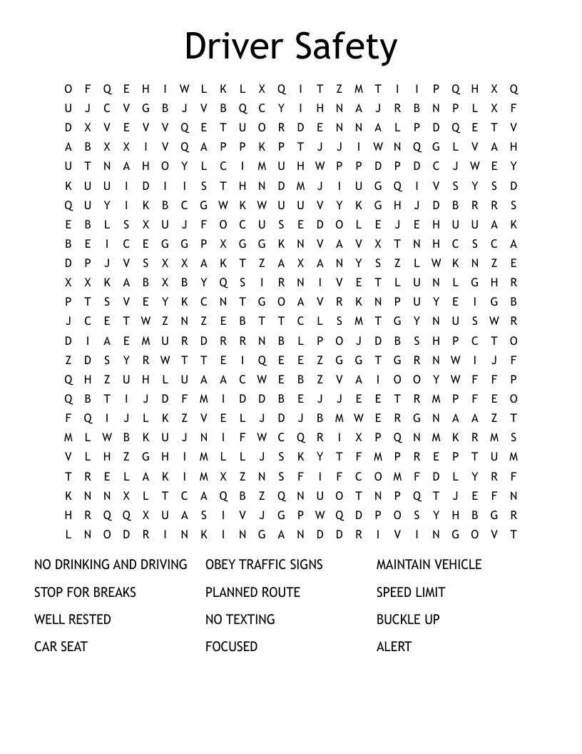 Driver Safety Word Search