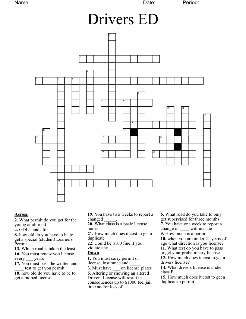 Drivers ED Crossword
