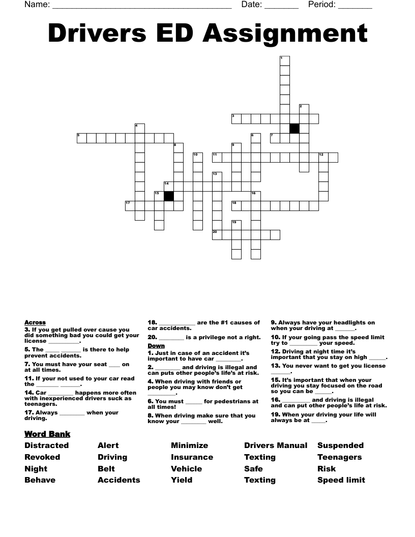 Drivers ED Assignment  Crossword