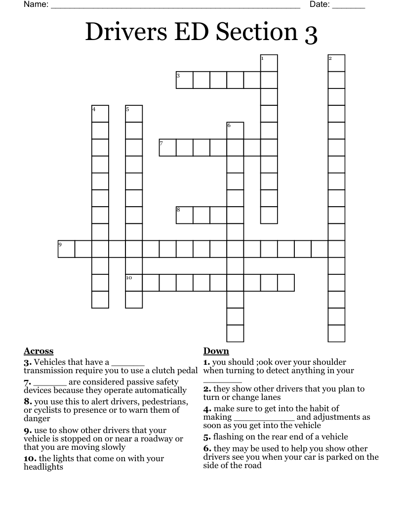 Drivers ED Section 3  Crossword