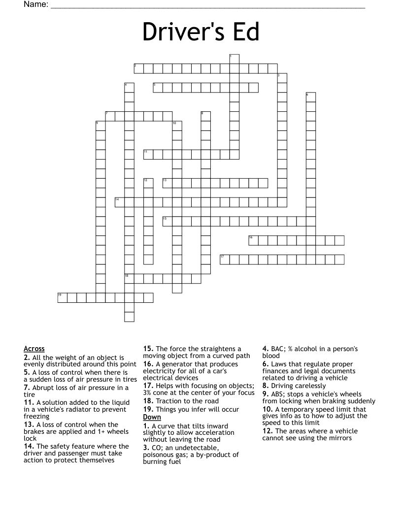 Driver's Ed Crossword