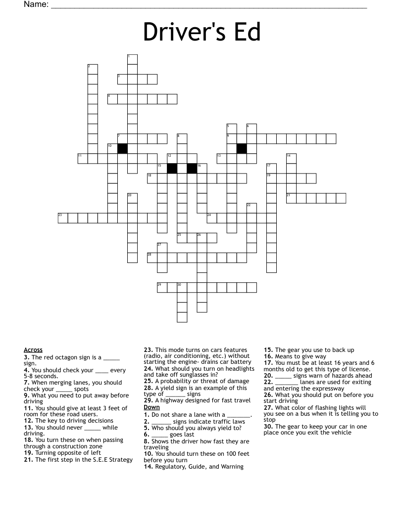 Driver's Ed Crossword