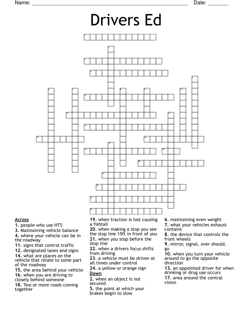 Drivers Ed Crossword