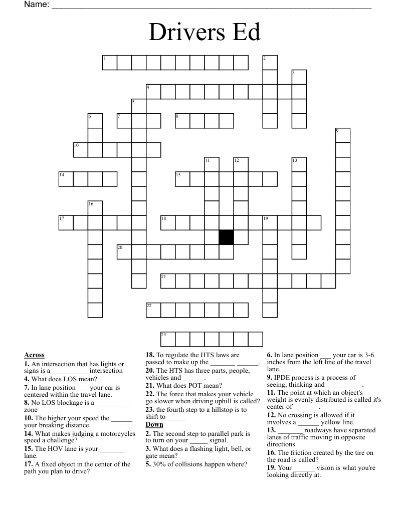 Drivers Ed Crossword