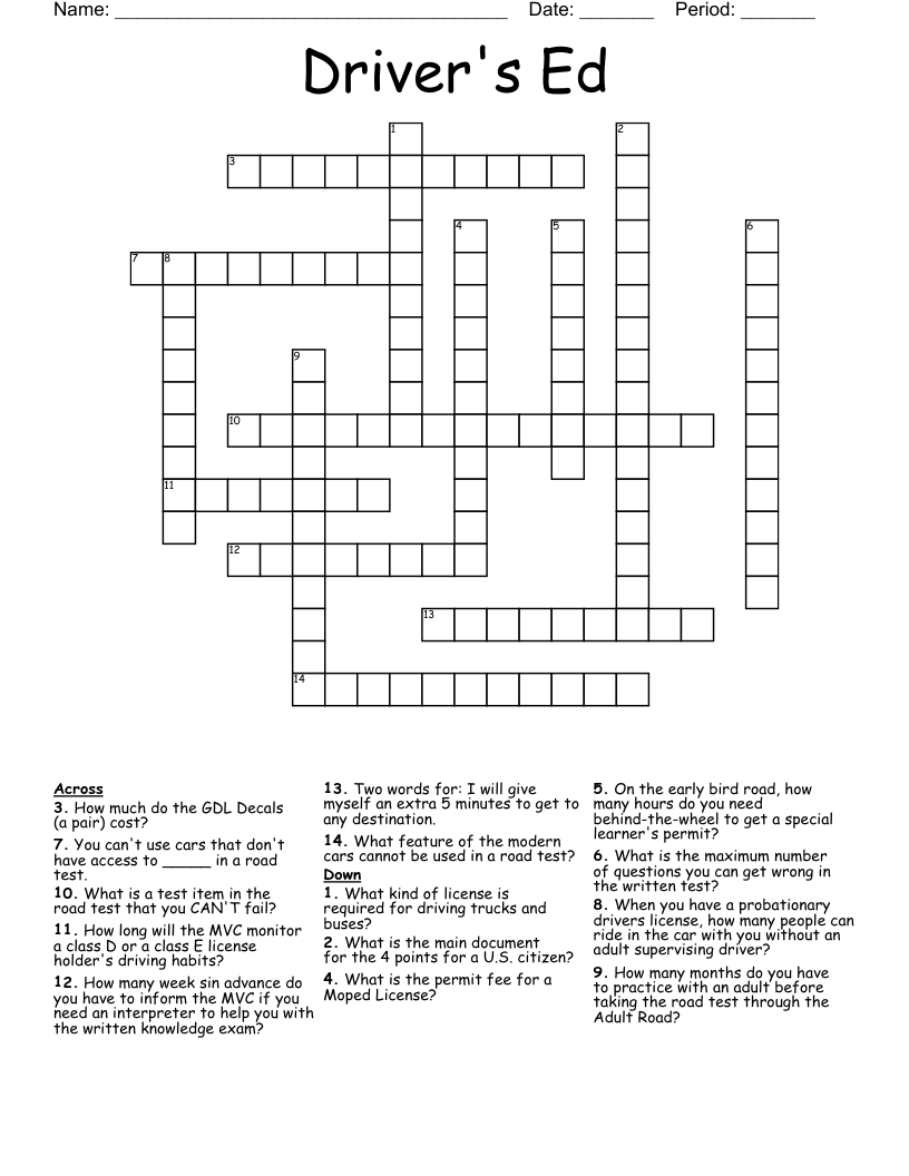 Driver's Ed Crossword