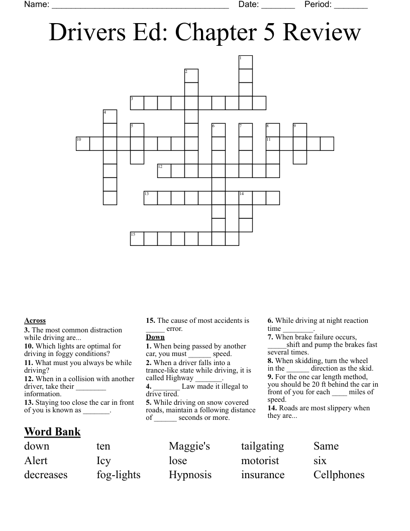 Drivers Ed: Chapter 5 Review Crossword