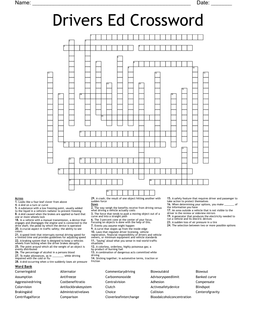 Drivers Ed Crossword