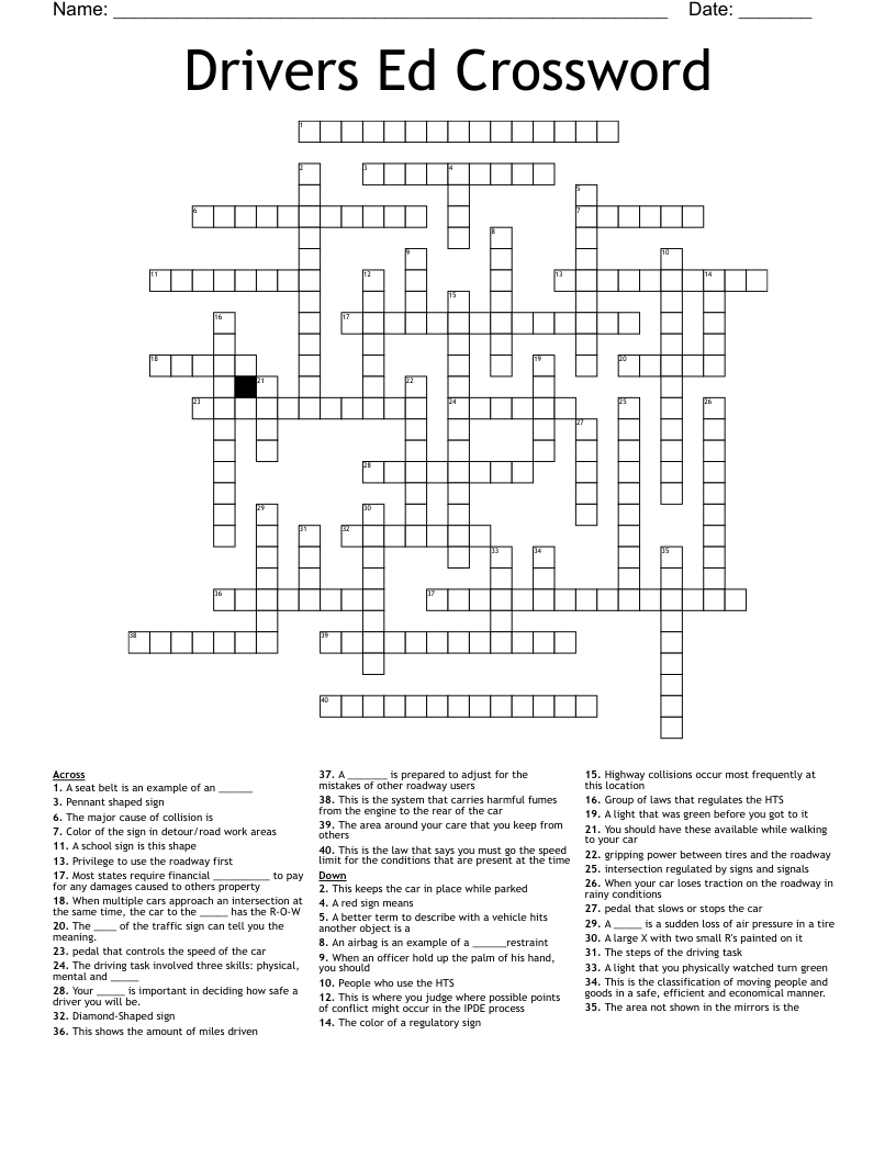 Drivers Ed Crossword